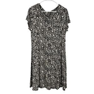Peruvian Connection A-line Dress Black Cream Paisley Floral Short Sleeve Size L